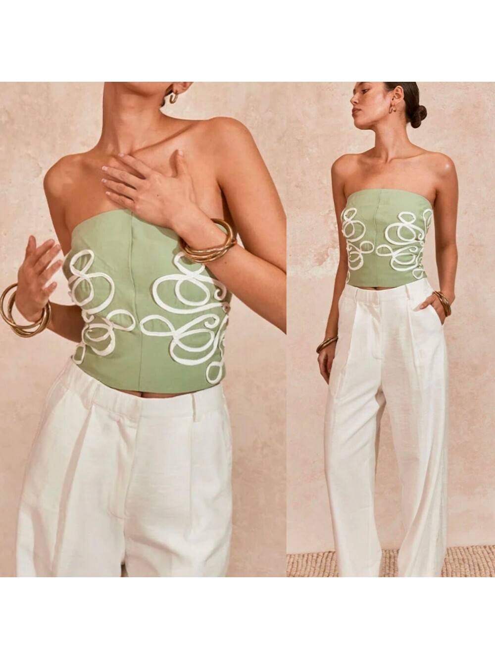 Mon Renn Luna Embroidered Strapless Crop Top Small Light Green Romantic Coquette